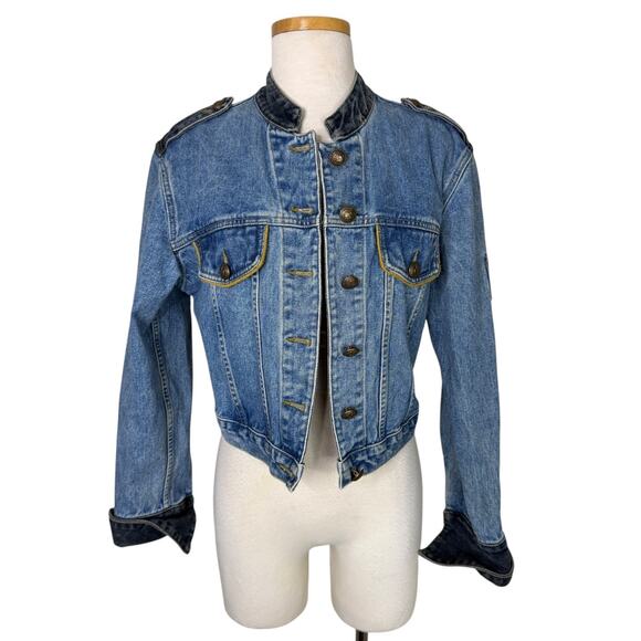 Carole Little Cropped Military Style Denim Jacket Epaulet Vintage 00s Medium - Picture 1 of 8